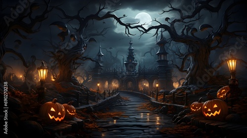 Happy Halloween Graveyard In The Spooky Night and church, Night full moon bats on the tree, Halloween pumpkin.