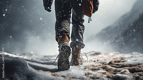 Trekking or hiking on a winter trail. Close up shot of hiking boots or shoes. Outdoor path with snow and water. Detail photo of outdoor hiking boots.