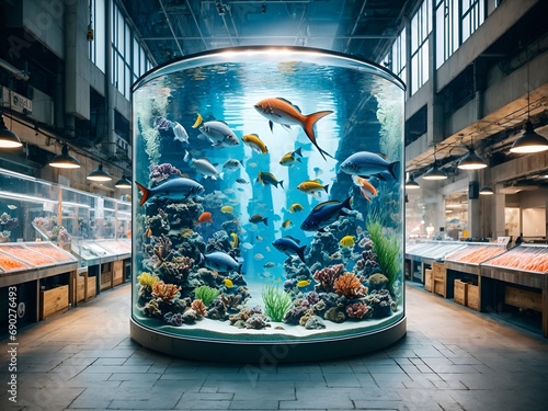 an aquarium inside a fish store
