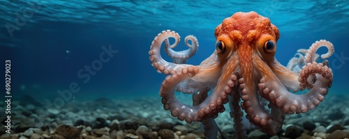 An octopus with outstretched tentacles hovers above a rocky seabed in a clear blue underwater scene