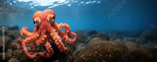 A vibrant red octopus with extended tentacles sits atop sea rocks underwater, with a clear blue ocean background