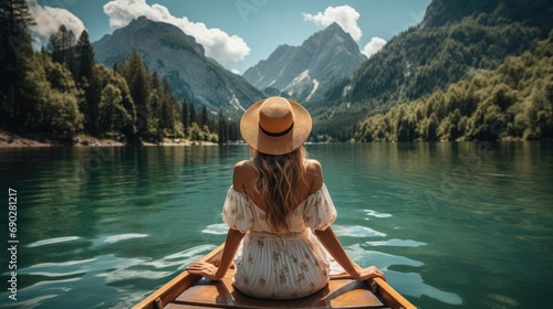 Women wear casual boho hats and clothes. Sit in a boat on the lake with a spectacular mountain and river view. travel concept
