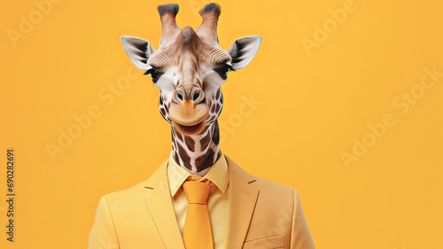 giraffe in a business suit on a yellow background 