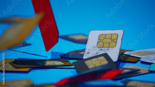3d render animation of drop down small sim cards for telecomunicate. Connections with others devices by 3g or 4g