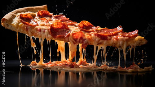Pepperoni pizza slice in mid-air with sleek black background, AI Generated