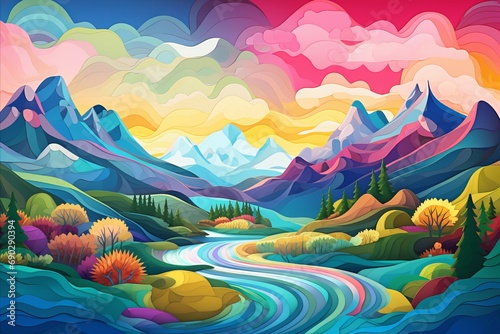 Natural landscape with vibrant energy waves flowing through it, Mountainous terrain or serene forest with pulsating energy, organic shapes and colors to represent natural vibration