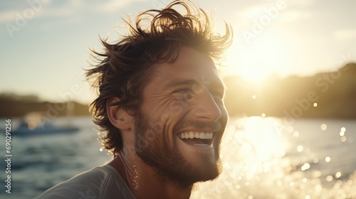  a man with a smile walking into the ocean, in the style of photorealistic portraits, joyful celebration of nature,