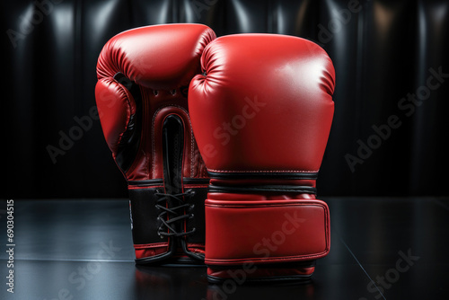 Pair of red boxing gloves on dark background, close up. Sports training