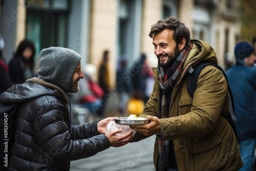 Portrait Of Passerby Giving Food And Money To Homeless Man