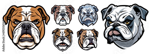 Set of dog heads of the English bulldog breed, with natural coat color, multicolored vector illustration in mascot logo style