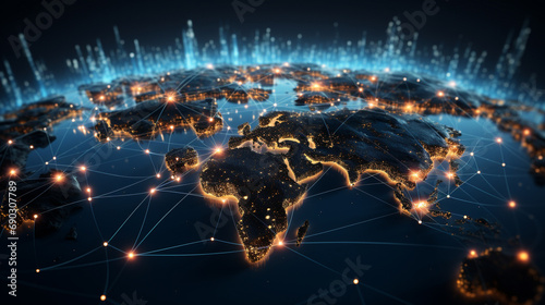 digital world map with interconnected nodes representing global business partnerships