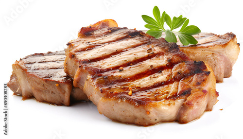 grilled pork neck steaks isolated on white background, cutout