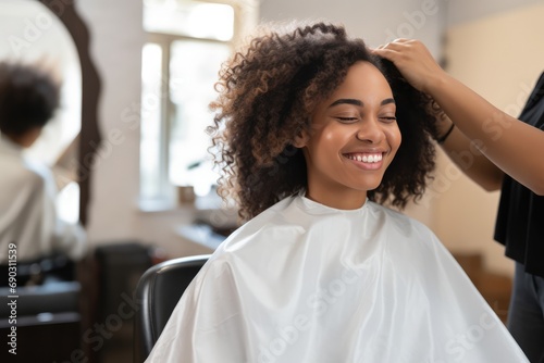 African American Woman Getting Her Hair Done In Salon. Сoncept Natural Hair Care, Salon Experience, Hair Transformation, Styling Techniques, Beauty Routine