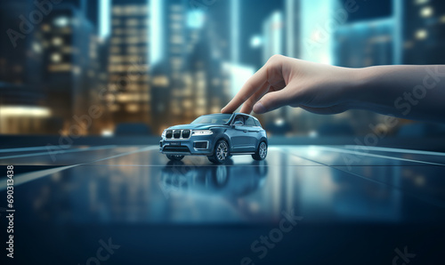 Human hand points to a car. Concept - car insurance, mechanical, leasing, purchase new and used cars