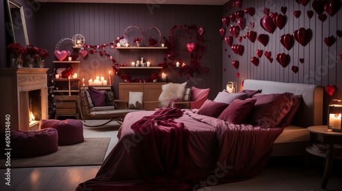 Interior of bedroom decorated for Valentine day