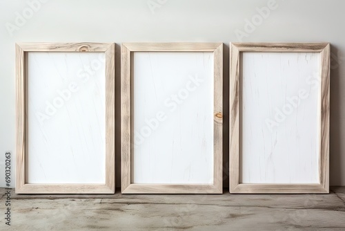 Three blank canvases on wooden frames leaning against a wall. Wallart Mockup Concept. Ideal for art, creativity, and DIY projects