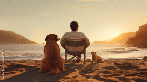 A dog and owner staring at the sunset Man and dog sitting on the sand on the beach