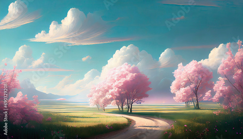 paysage de campagne avec cerisier rose vert bleu turquoise pastel