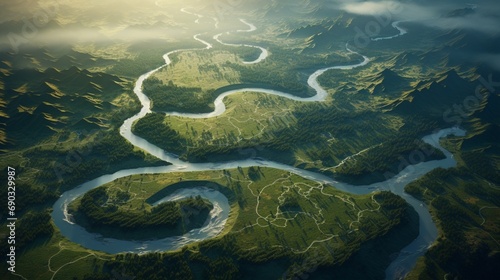 An aerial view of a winding river, with its meandering path.