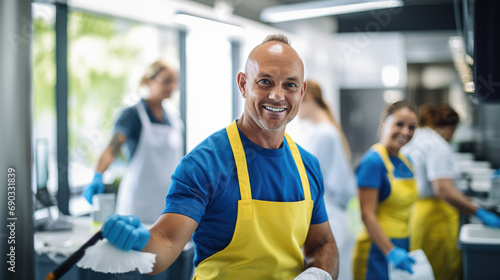 Smiling man in a cleaning service uniform with colleagues in the background, indicating a professional cleaning team at work.