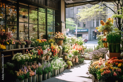 Cozy street with flower shop, beautiful flower shop with spring flowers