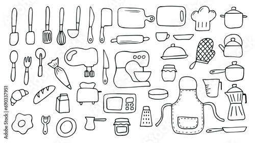  set of black line hand draw cooking doodle, baking and kitchen tools elements 