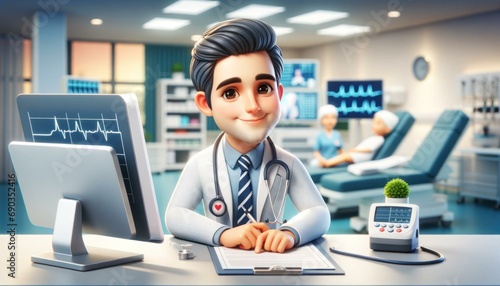 Compassionate 3D Animated Doctor Character in Modern Hospital Setting, Perfect for Medical, Healthcare, Expertise, Advanced Equipment, Professionalism in Medicine Themes