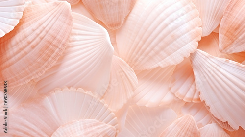 A close up of a bunch of shells. Monochrome peach fuzz background.