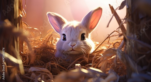 a floppy rabbit in hay peeking out, soft edges and blurred details