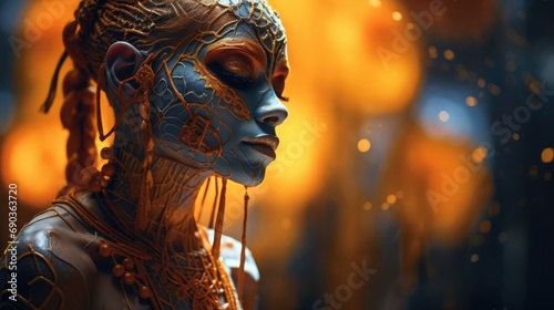 A woman with orange and blue paint on her face, showcasing vibrant colors and artistic expression.