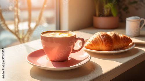 cup of coffee and croissant in fuzz peach color, ai generated