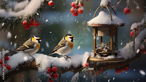 sparrows, tits, and bullfinches gathered in a feeder on a tree in a winter garden, the diversity of bird species in a winter scene.