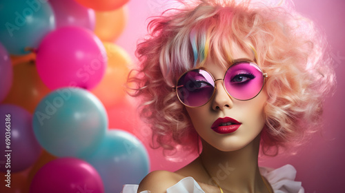 Portrait of a beautiful party girl in a wig and pink glasses. Carnival. ai generative