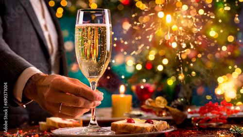 Brinde com taça de champagne e decoração dourada para celebração de ano novo e fogos de artificio ao fundo.