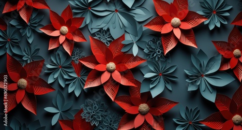 hand cut christmas poinsettia pattern with lights on blue background