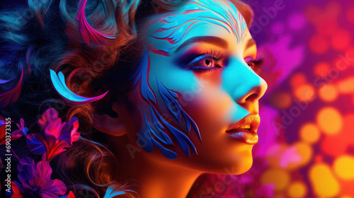 Fashion model woman in neon light, portrait of beautiful model with fluorescent make-up, Art design of female disco dancers posing in UV, colorful make up. Isolated on black background