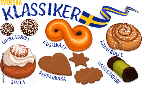 A collection of Swedish pastry Lussekatt chokladboll pepparkaka dammsugare kanelbulle och semla