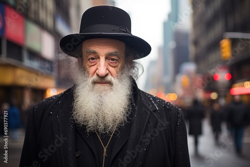 Old orthodox Jewish rabbi on a city street.