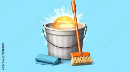 illustration of a bucket with water and a soap bubble, a mop and a rag on an isolated blue background. House cleaning concept