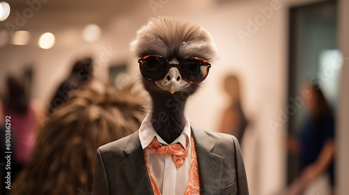 Stylish anthropomorphic bird character in a suit possibly for animation or fashion concept