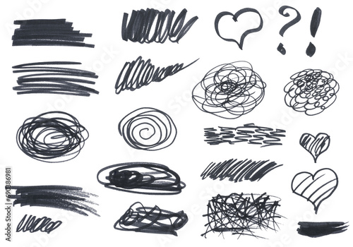 Various black marker shapes on a white background, frame, heart and question mark