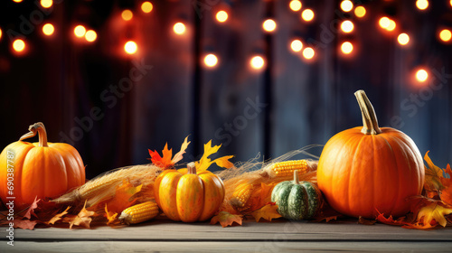 Thanksgiving - Pumpkins And Corncobs On Rustic Table With Garland And Defocused Abstract Lights