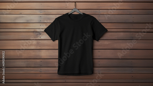 T-shirt noir sur un fond en bois. Mode, vêtements, tissu. Arrière-plan pour conception et création graphique.