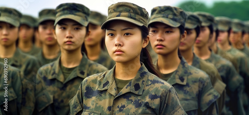 Group of young Asian women in military digital camouflage uniforms standing at army ceremony or presentation. Generative AI