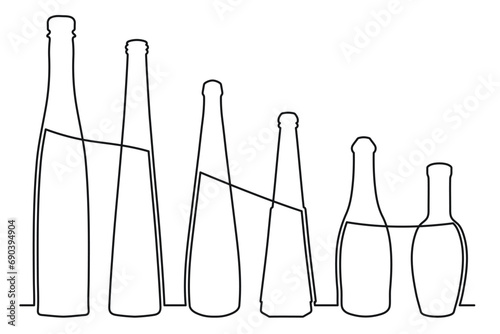 Sketch drawing of a bottle of different shapes in the style of one solid continuous line. Collection of alcoholic drinks