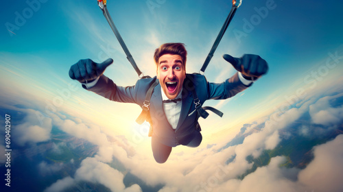 caucasian businessman jumping with parachute in suit excited skydiving
