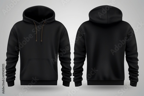 Set of Black front and back view tee hoodie hoody sweatshirt on transparent background cutout. Mockup template for artwork graphic design