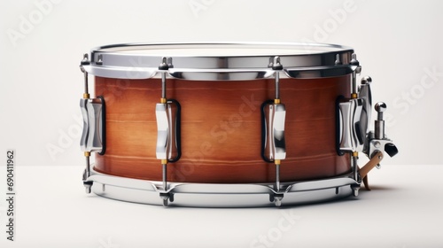 A wooden snare drum with metal hardware isolated on a white background, perfect for music-related projects.