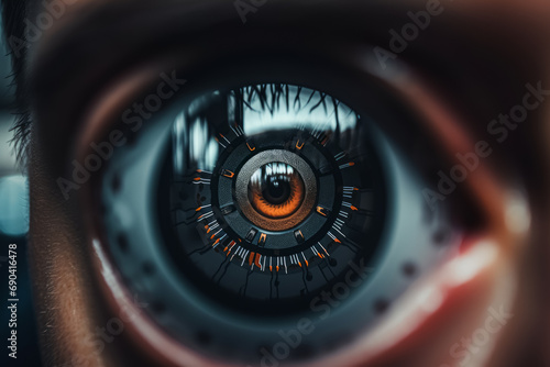 Extreme close-up of a human eye with mechanical details, suggesting a cyborg or futuristic concept.