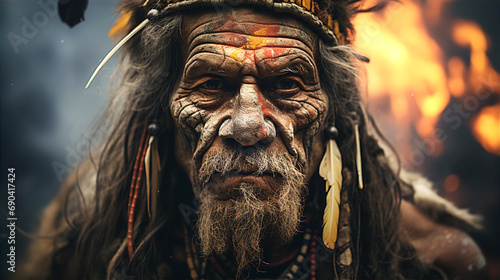 Portrait of old tribe man with wise eyes, head decorating and traditional face painting